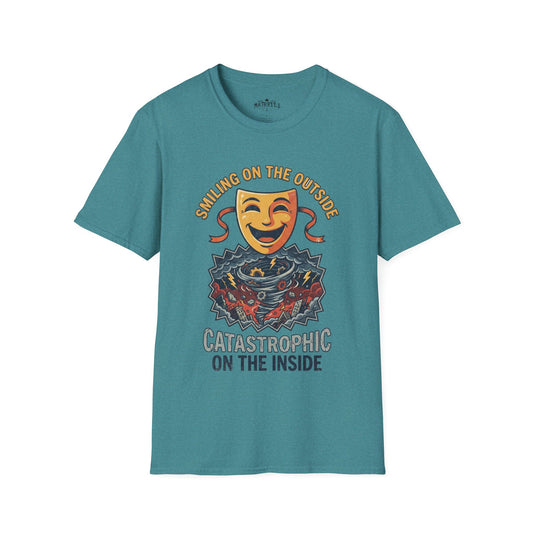 Smiling On The Outside, Catastrophic On The Inside T-Shirt — Funny Dark Humor Graphic Tee